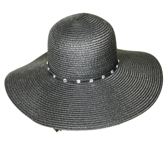 Boutique Gothic Wide Brim Black Straw Sun Hat Rhinestone Crystal Embellished